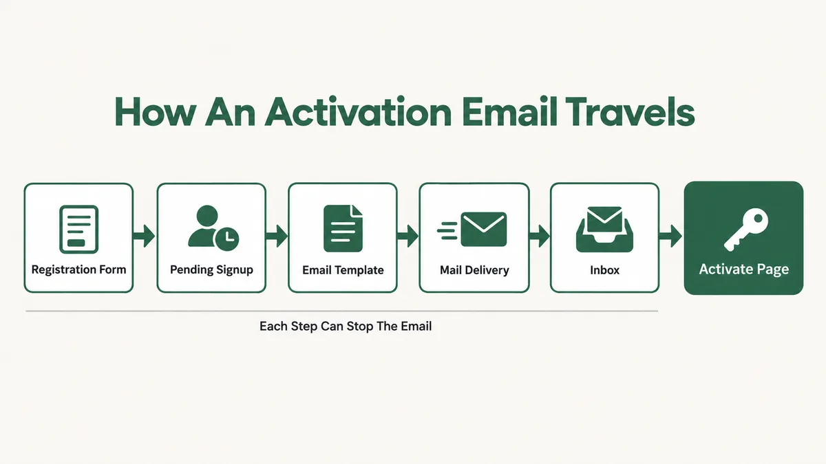 Flow diagram of a BuddyPress activation email: the registration form creates a pending signup, BuddyPress looks up the activation email template, the mailer delivers it, it lands in the inbox, and the member activates on the Activate page
