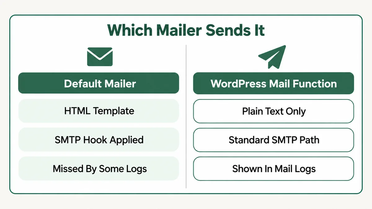 Side by side comparison of the two ways BuddyPress sends email: its own mailer by default, which keeps the HTML template and applies SMTP settings through the phpmailer_init hook but is missed by some mail logs, and the WordPress wp_mail function, which sends plain text and is seen by every standard SMTP and logging plugin