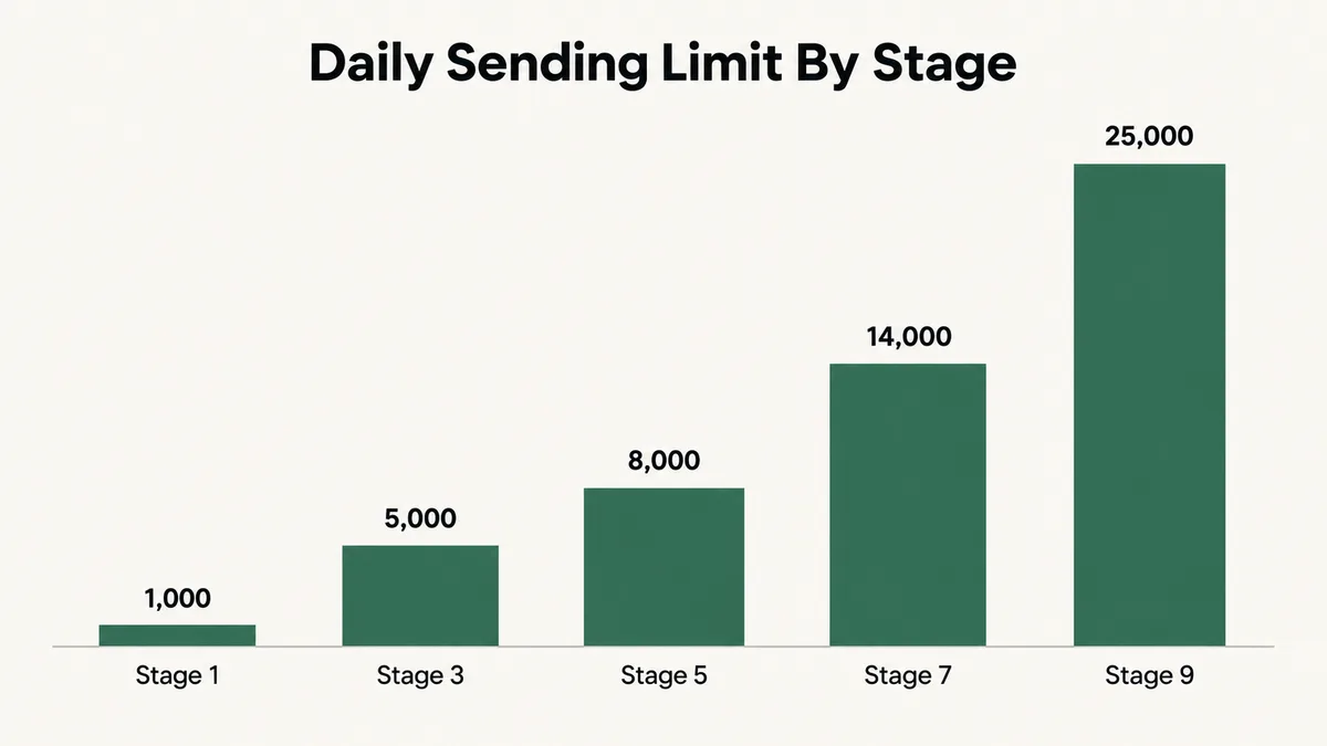 Ascending bar chart of the daily sending limits at selected stages of the GoHighLevel LC Email sub-account rampup ladder, rising from 1,000 emails a day at stage one to 25,000 a day at stage nine