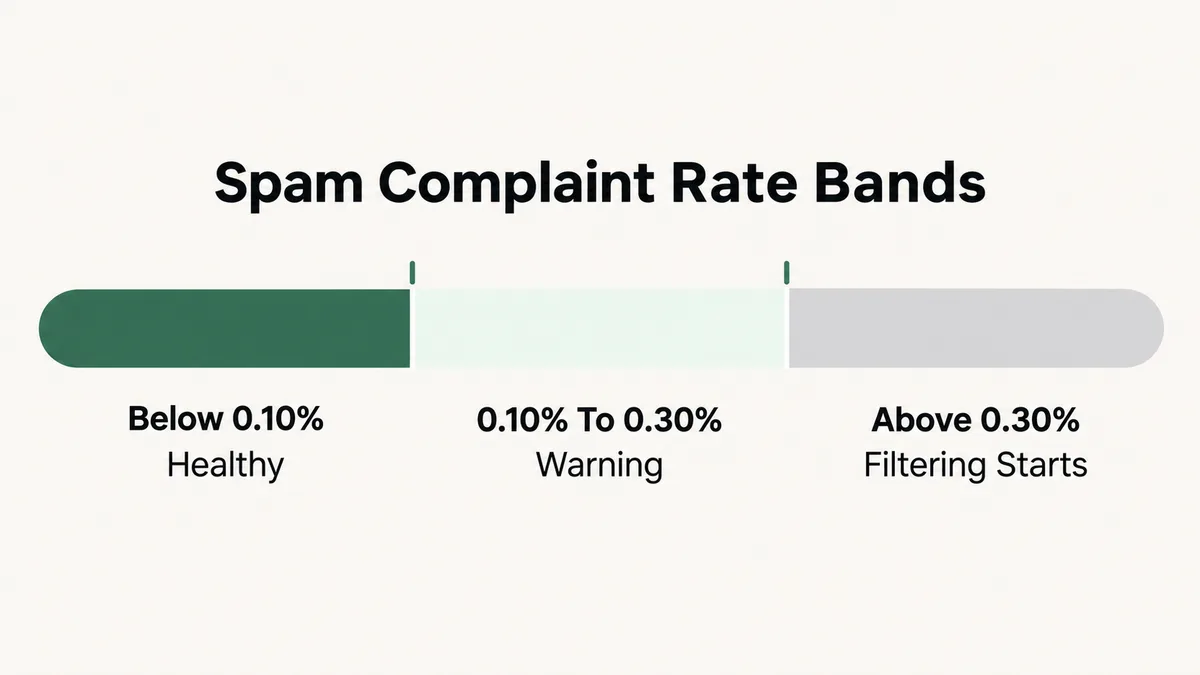 Three band chart of the spam complaint rate thresholds Gmail publishes for bulk senders, showing the healthy band below 0.10 percent, the warning band from 0.10 to 0.30 percent, and the band above 0.30 percent where filtering and blocking start