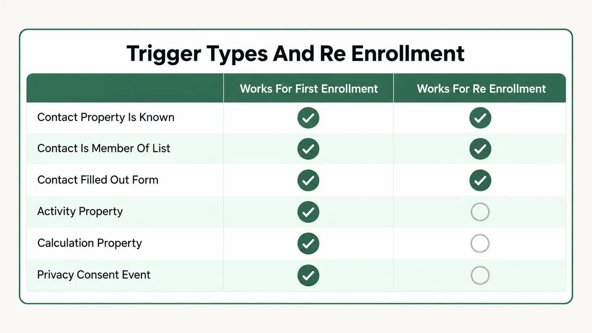Grid showing which HubSpot trigger types work for first enrollment versus re-enrollment: contact properties, list membership and form submissions work for both, while activity properties, calculation properties and privacy consent events work only for the first enrollment