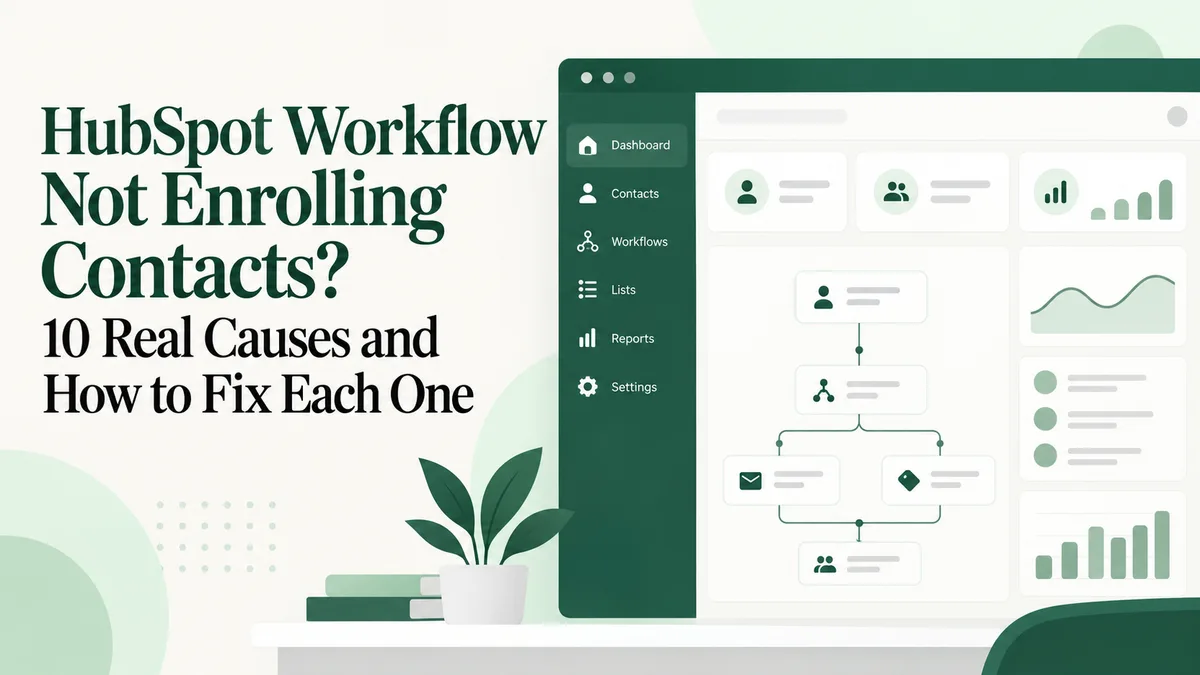 Blog thumbnail for a guide to a HubSpot workflow not enrolling contacts, showing a mock CRM dashboard with contact and workflow panels beside the article title