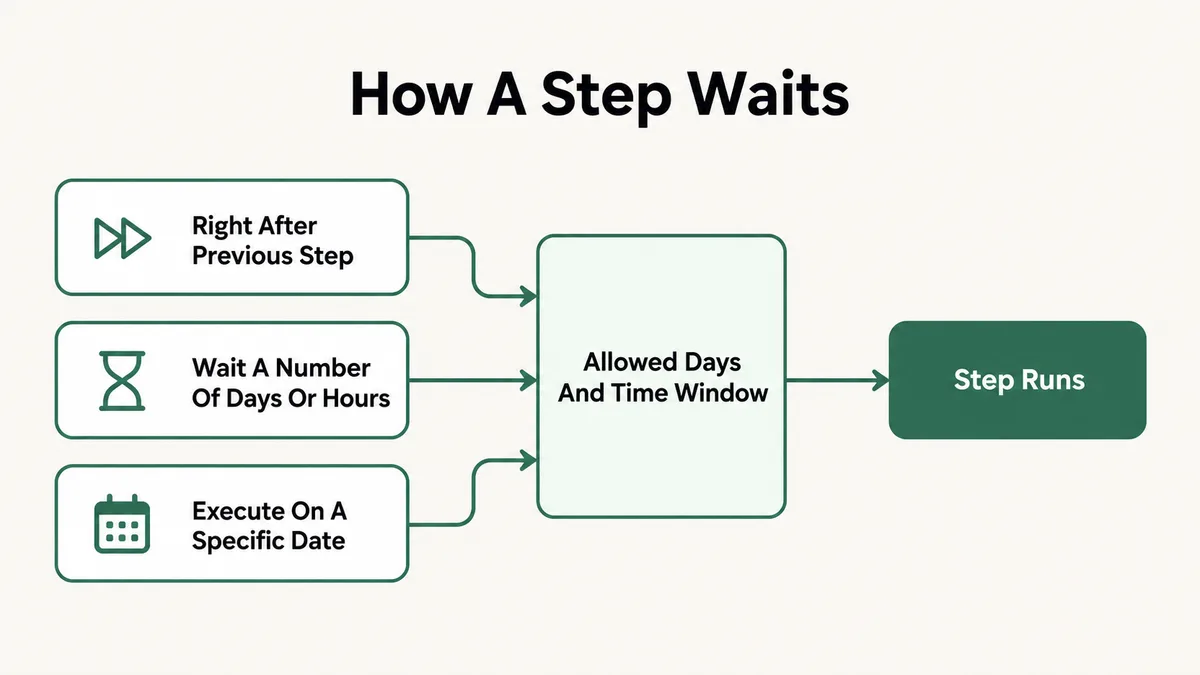 Diagram of the three Kartra sequence delay options, right after previous step, wait a number of days or hours, and execute on a specific date, all passing through an allowed days and time window before the step runs
