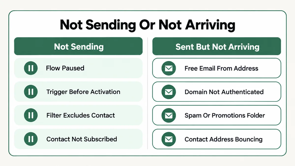 Two column comparison separating a Mailchimp automation that is not sending, caused by a paused flow, a trigger that fired before activation, a filter excluding the contact or a non subscribed status, from one that sends but does not arrive, caused by a free email From address, an unauthenticated domain or the spam folder