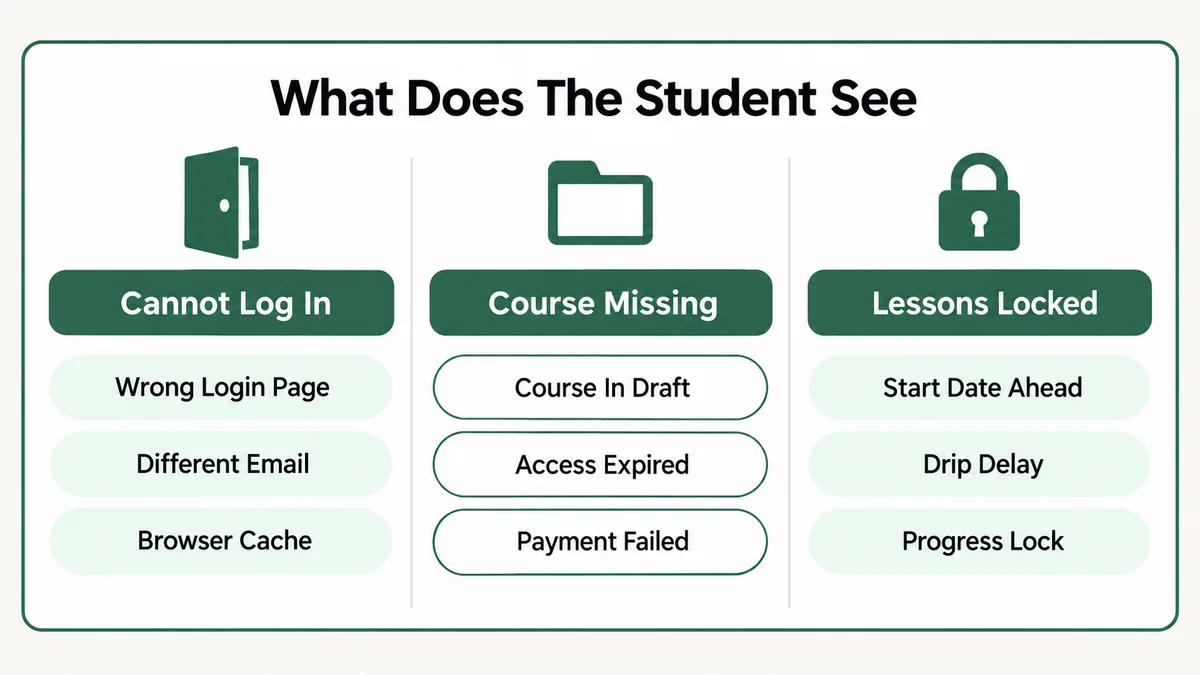 Three column diagnostic for Podia course access problems: when the student cannot log in the cause is the wrong login page, a different email or browser cache, when the course is missing the cause is a draft product, expired access or a failed payment, and when lessons are locked the cause is a start date, a drip delay or a progress lock