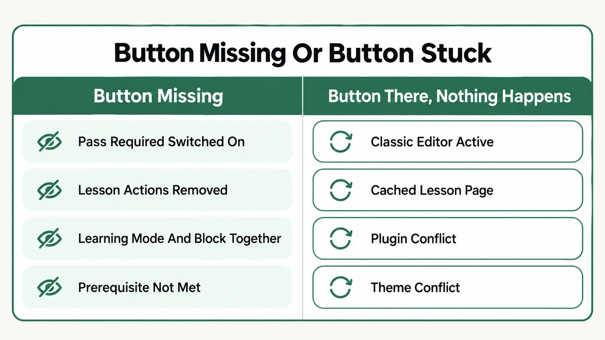 Two column comparison separating a missing Complete Lesson button, caused by pass required, a removed lesson actions block, learning mode and the block together or an unmet prerequisite, from a button that appears but does nothing, caused by the classic editor, a cached lesson page, a plugin conflict or a theme conflict