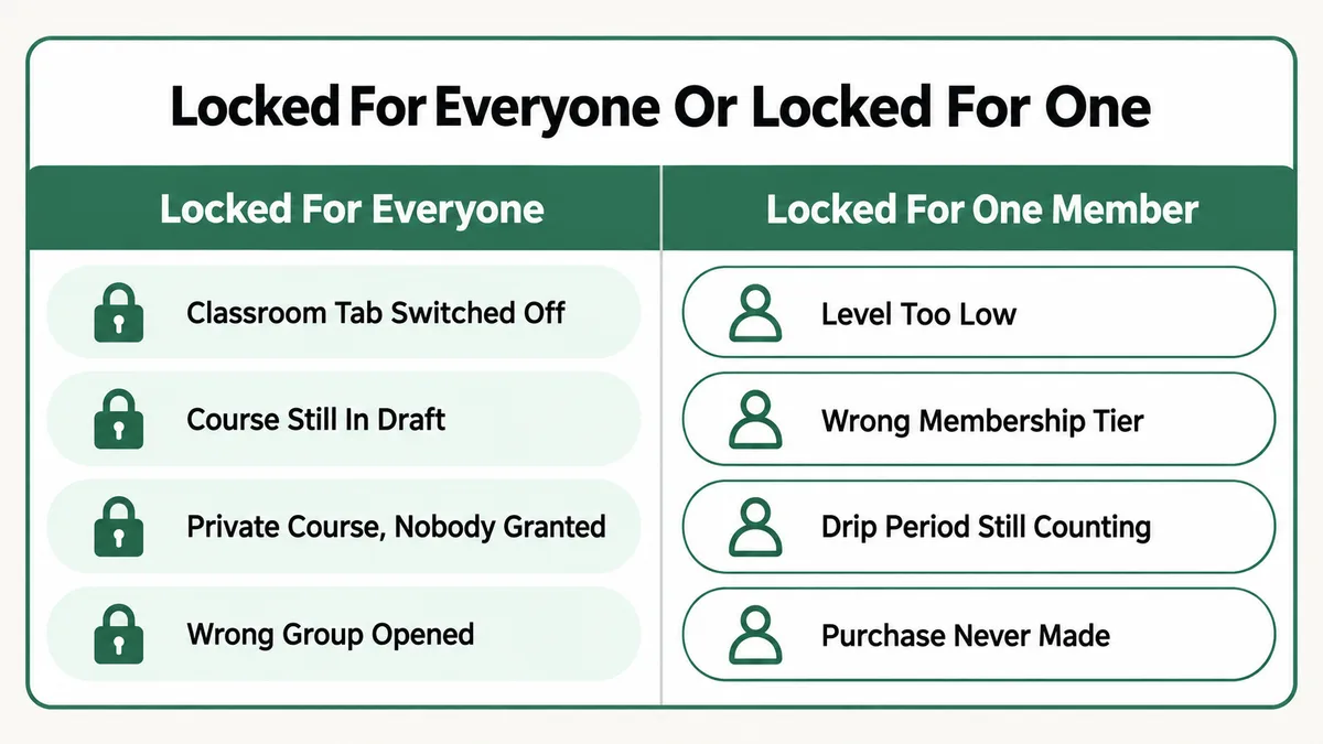 Two column comparison separating a course locked for the whole community, caused by the classroom tab being off, the course sitting in draft, a private course nobody was granted or the tab being hidden, from a course locked for one member only, caused by too low a level, the wrong tier, a drip period still counting or a purchase never made