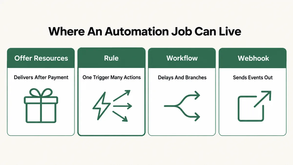 Map of where each Systeme.io automation job can live without using the automation rule limit: offer resources deliver courses, bundles, tags and communities after payment, a rule handles one trigger with several actions, a workflow handles delays and branches, and webhooks send events to outside tools