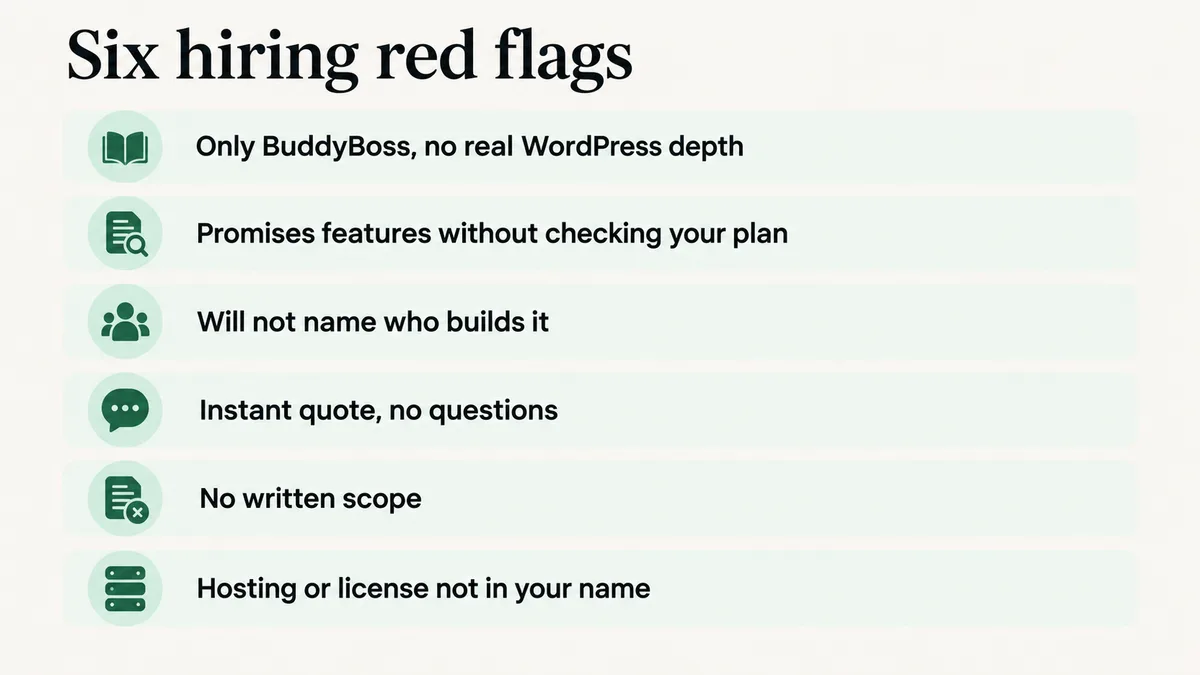 Six red flags to watch for when hiring a BuddyBoss developer