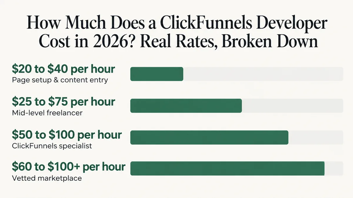 How much does a ClickFunnels developer cost per hour: four rate bands running from $20 to over $100