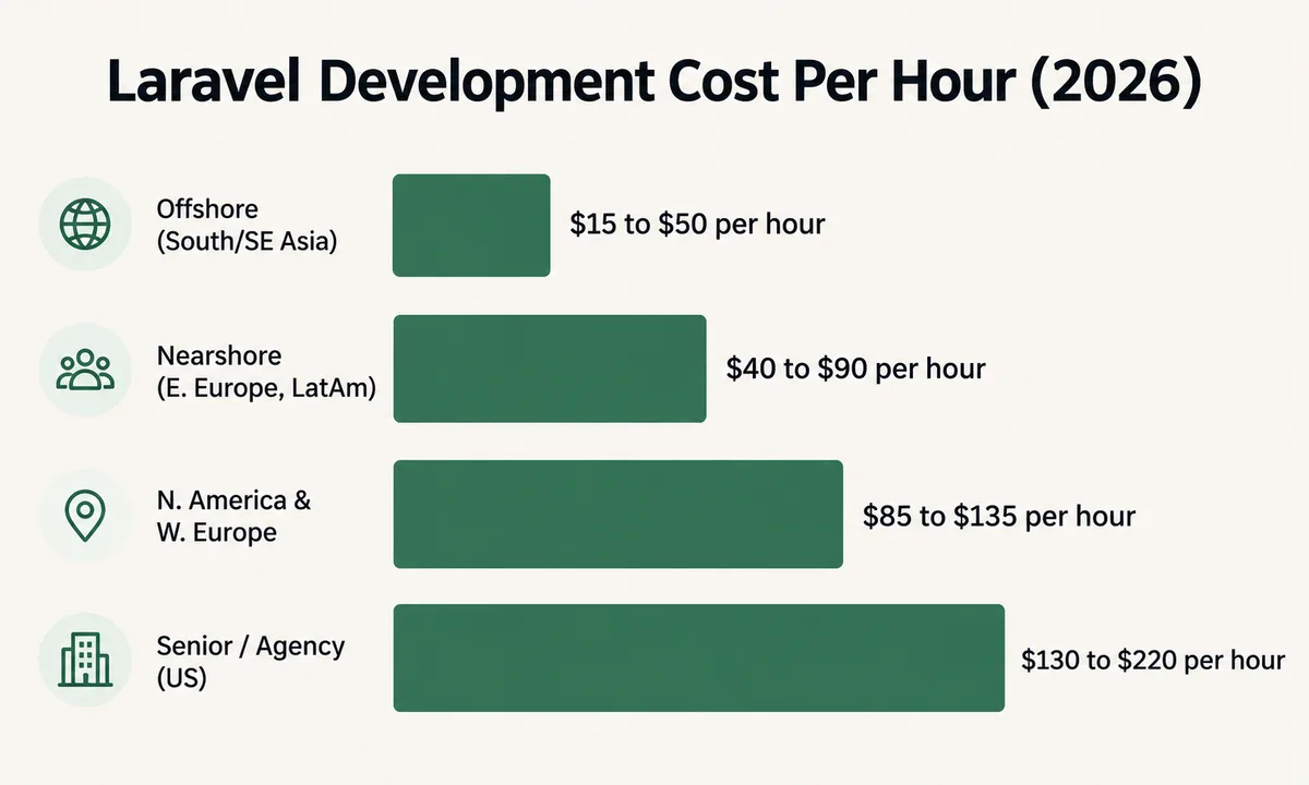 Laravel development cost per hour in 2026 across four regional rate bands from offshore to senior North American and Western European developers
