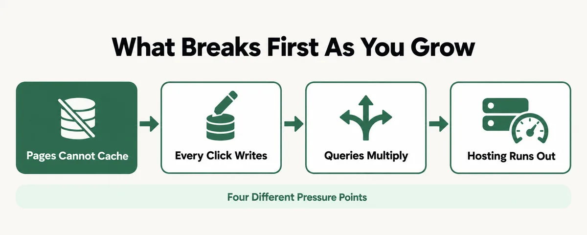 Four stage diagram of what breaks first as a LearnDash site grows: pages cannot be cached, every click writes to the database, a handful of features query across every user and course combination, and hosting sized for total students runs out of headroom at peak concurrency