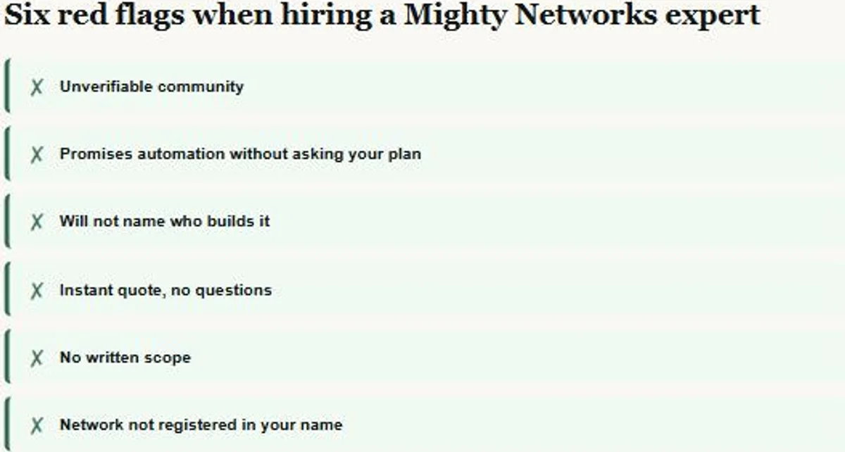 Six red flags to watch for when hiring a Mighty Networks expert