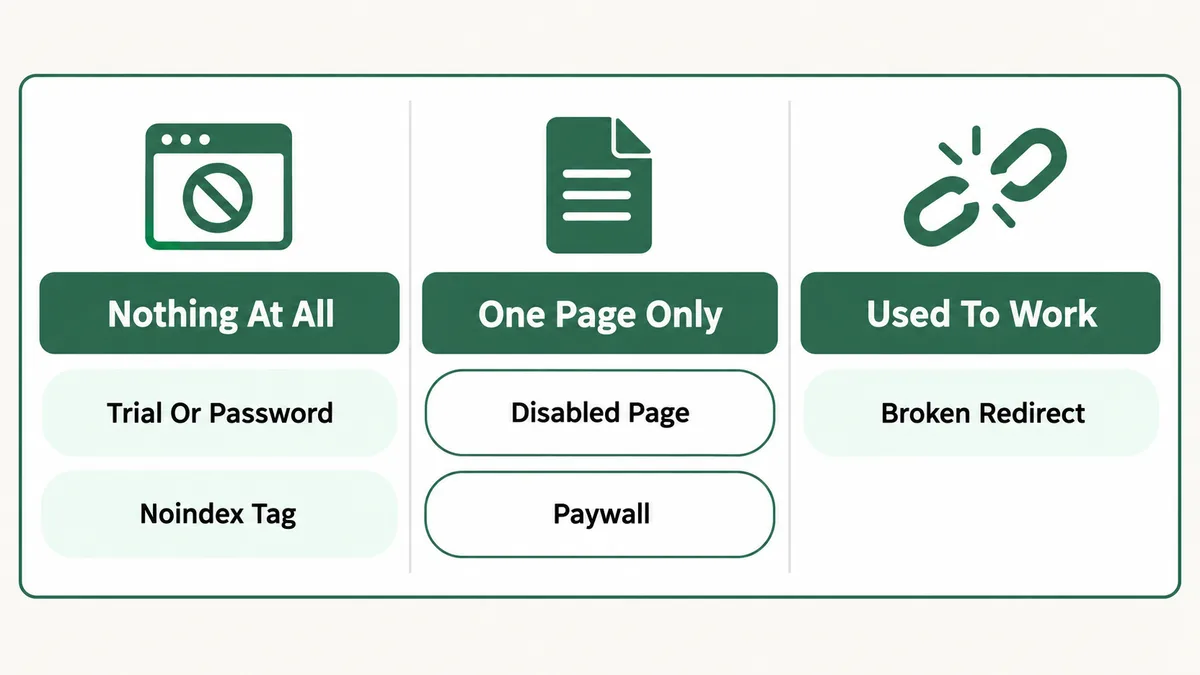 Three column triage for a Squarespace site not showing up on Google: nothing at all points to trial, password, or noindex causes, one page only points to a disabled page, paywall, or hidden page setting, and used to work points to a redesign with no redirects or a broken domain connection