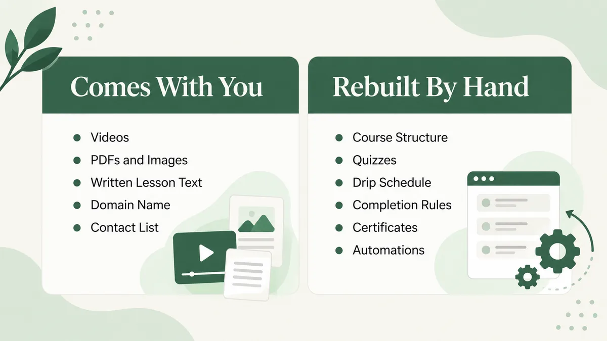 Comparison graphic showing which Teachable assets transfer to WordPress and LearnDash and which must be rebuilt by hand