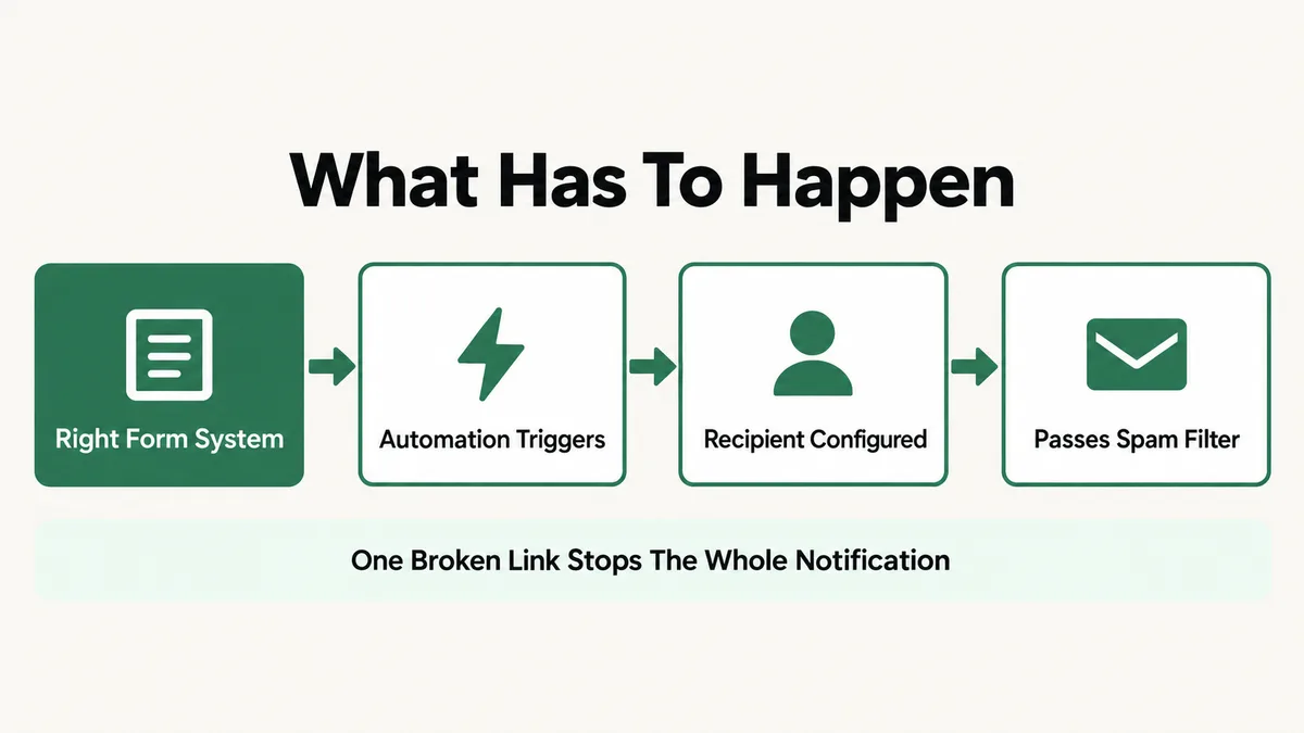 Four stage diagram of what has to happen for a Wix form notification to arrive: the right form system has to be in use, an automation has to trigger, the recipient has to be correctly configured, and the email has to survive spam filtering