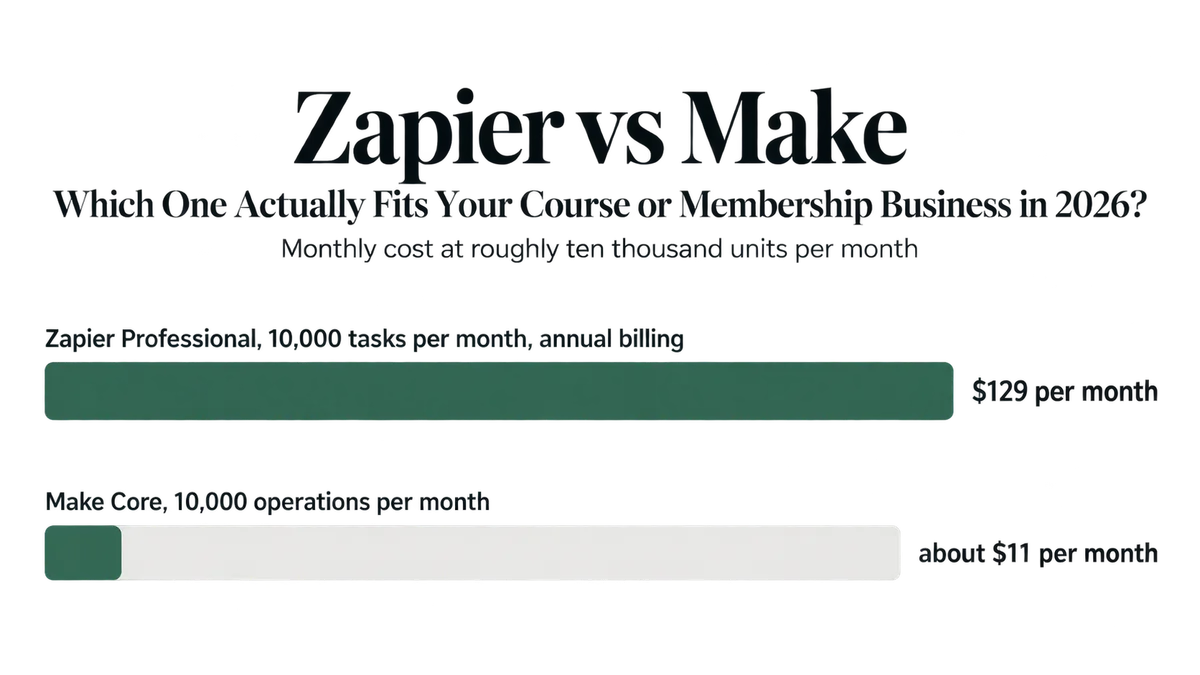 Zapier versus Make monthly cost at the same roughly ten thousand unit per month volume, Zapier Professional at 129 dollars against Make Core at about 11 dollars